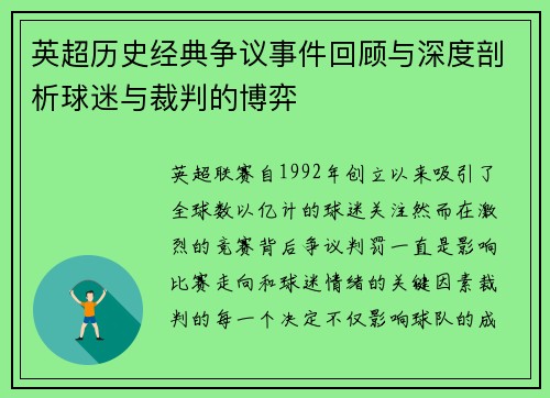 英超历史经典争议事件回顾与深度剖析球迷与裁判的博弈