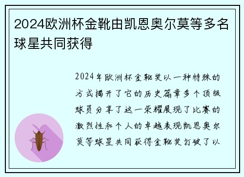 2024欧洲杯金靴由凯恩奥尔莫等多名球星共同获得